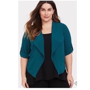 Torrid Crepe Draped Open Front Blazer Jacket Roll Sleeve Teal Size 2